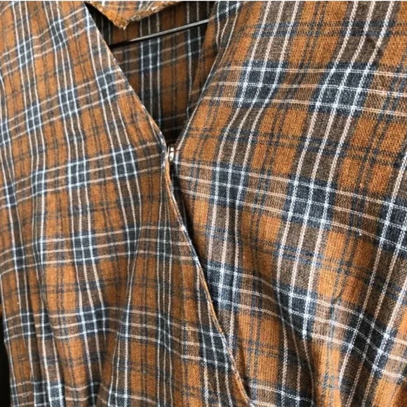 Preppy Plaid Wrap Skirt Tie Waist Long Sleeve V Neck Flowy Mini Dress Brown - Picture 6 of 11